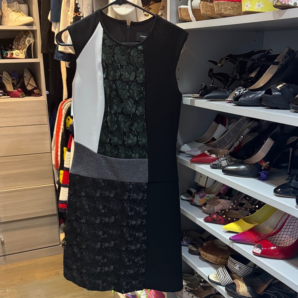 Derek Lam Black, Green and White Asymmetrical Dress